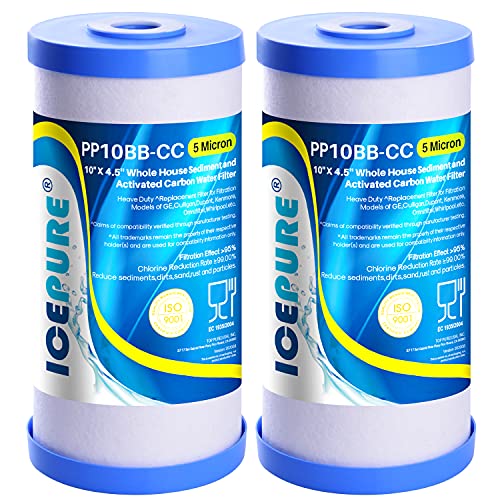 ICEPURE Filtro de agua para toda la casa de 5 micras, 10 x 4.5 pulgadas, compatible con GE FXHTC, GXWH40L, RFC-BBSA, W50PEHD, GXWH35F, GNWH38S, Dupont WFHD13001, R50-BB, paquete de 2