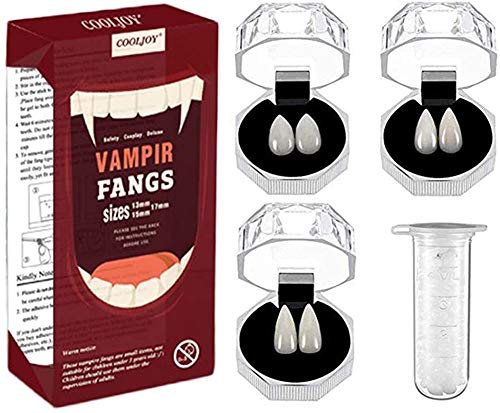 COOLJOY - 3 tamaños de dientes de colmillos de vampiro con calcomanía para Halloween, cosplay, accesorios de terror blanco, accesorios de fiesta, accesorios de máscaras, regalo