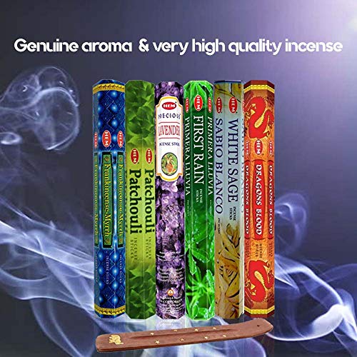 Seis aromas de incienso con quemador última intervensión, cada uno de sangre de dragón, incienso y mirra, pachulí, lavanda preciosa, primera lluvia y salvia blanca