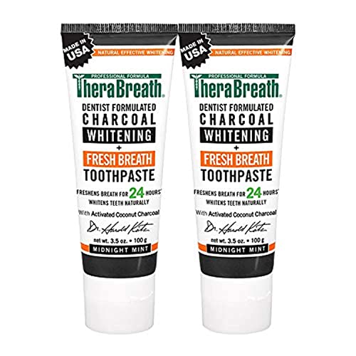 TheraBreath â€" Whitening + Fresh Breath Charcoal Toothpaste â€" Made in the USA â€" Whitens Teeth â€" Stops Bad Breath â€" No Artificial Flavors or Detergents â€" Midnight Mint Flavor â€" 4-oz. Tubes â€" Two-Pack