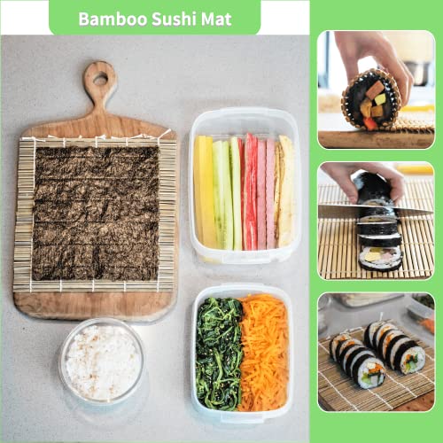 Cleanclue Cesta de vapor de bambú premium de 10 pulgadas y alfombrilla de sushi para cocinar, comida asiática (coreano, japonés, chino y tailandés) con adaptador de anillo, 20 papeles de pergamino, 2 pares de palillos, plato de salsa