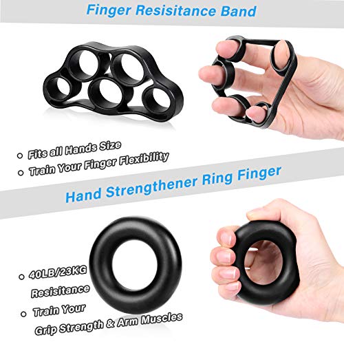 Kit de fortalecedor de agarre de mano ALMAH (5 unidades), entrenador de antebrazo para agarre de mano de resistencia ajustable, ejercitador de fuerza de dedo, ensanchador de dedos, anillo de agarre y bola de alivio de estrés para atleta
