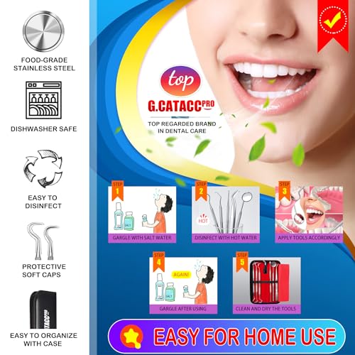 Herramientas dentales, 6 unidades de herramientas de limpieza de dientes de acero inoxidable, removedor de sarro raspador de placa raspador de dientes con espejo de boca, kit de pinzas para dentista, cuidado bucal familiar, perros