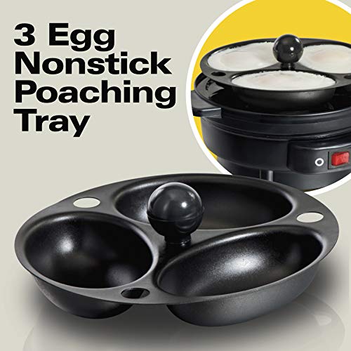 Hamilton Beach Olla eléctrica de huevo duro, 3 en 1: olla de huevo hervido, escalfador y omelette, puede contener 7 huevos, negro con perilla plateada (25500)