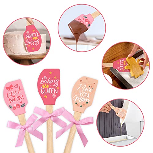 Juego de 3 espátulas de silicona para hornear, mezclar pasteles, inauguración de la casa, cocina, decoración del hogar, idea de regalo, resistente al calor, con mango de madera y lazos de cinta con tarjeta de felicitación