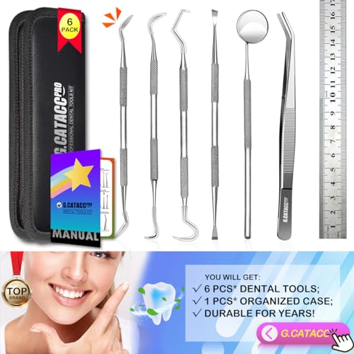 Herramientas dentales, 6 unidades de herramientas de limpieza de dientes de acero inoxidable, removedor de sarro raspador de placa raspador de dientes con espejo de boca, kit de pinzas para dentista, cuidado bucal familiar, perros