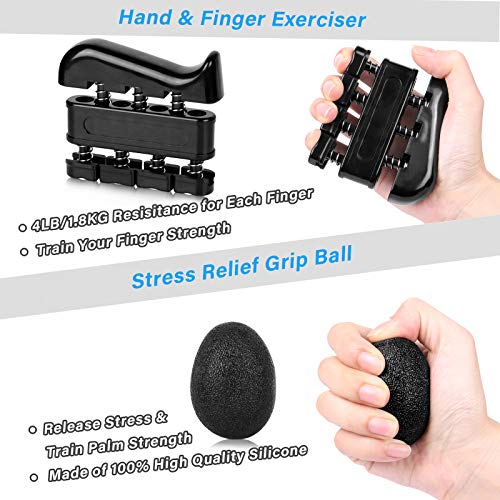 Kit de fortalecedor de agarre de mano ALMAH (5 unidades), entrenador de antebrazo para agarre de mano de resistencia ajustable, ejercitador de fuerza de dedo, ensanchador de dedos, anillo de agarre y bola de alivio de estrés para atleta