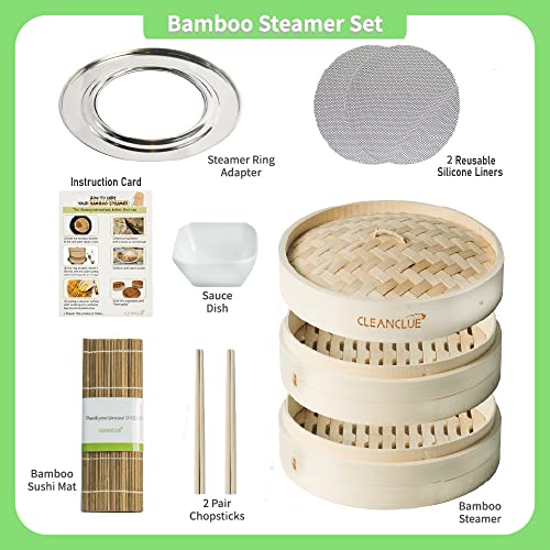 Cleanclue Cesta de vapor de bambú premium de 10 pulgadas y alfombrilla de sushi para cocinar, comida asiática (coreano, japonés, chino y tailandés) con adaptador de anillo, 20 papeles de pergamino, 2 pares de palillos, plato de salsa