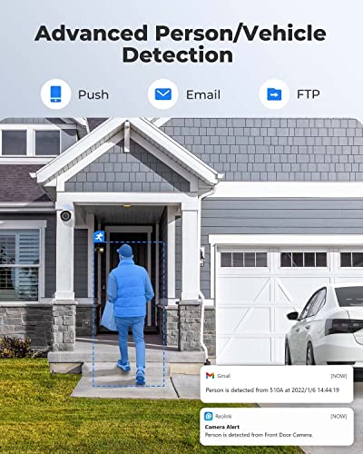 REOLINK Cámaras de seguridad para exteriores, sistema de cámara de seguridad para el hogar para vigilancia PoE IP de 5 MP, detección inteligente de seres humanos/vehículos, funciona con casa inteligente, lapso de tiempo, tarjeta SD de hasta 256 GB, RLC-51