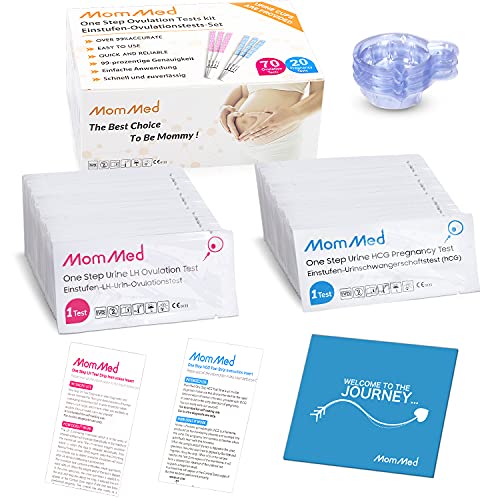 MomMed Tiras de prueba de ovulación y embarazo (HCG20-LH70), kit predictor de ovulación en casa incluye 20 pruebas de embarazo, 70 tiras de prueba de ovulación y 90 tazas de orina, prueba precisa de fertilidad, pruebas OPK