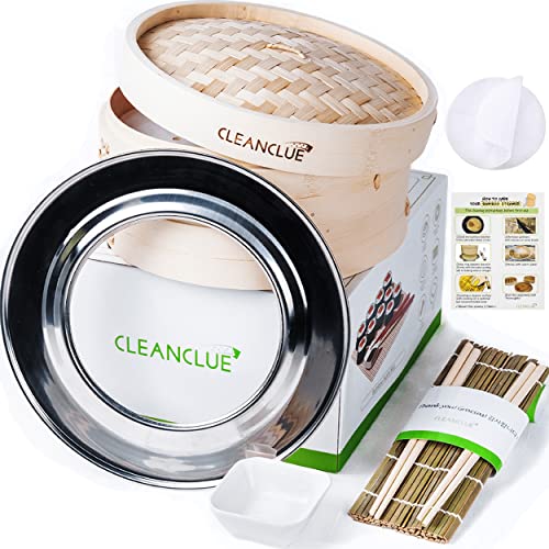 Cleanclue Cesta de vapor de bambú premium de 10 pulgadas y alfombrilla de sushi para cocinar, comida asiática (coreano, japonés, chino y tailandés) con adaptador de anillo, 20 papeles de pergamino, 2 pares de palillos, plato de salsa