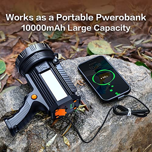 BUYSIGHT Rechargeable Spotlight Flashlight, 200000 lumens 600 Yards Range Solar Spot Lights Hand held Large flashlights with red Lens and Side Flood Light Warning Light USB C Recharge