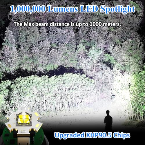 Uhanciny Linterna recargable de alto lúmenes, 150000 lúmenes, luces LED para exteriores, de mano, grande, superbrillante, potente luz flash con 4 modos, IPX6 impermeable, trípode de pie